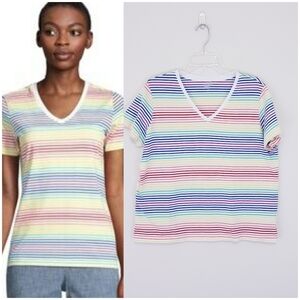 Lands End Rainbow Stripe Multicolor Cotton Tee Shirt V Neck Large Relaxed Pride